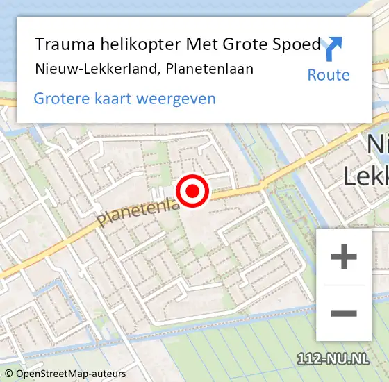 Locatie op kaart van de 112 melding: Trauma helikopter Met Grote Spoed Naar Nieuw-Lekkerland, Planetenlaan op 2 januari 2023 14:26
