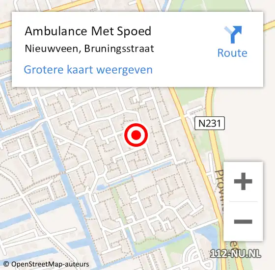 Locatie op kaart van de 112 melding: Ambulance Met Spoed Naar Nieuwveen, Bruningsstraat op 2 januari 2023 18:08