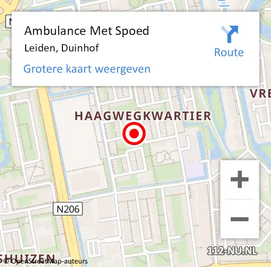 Locatie op kaart van de 112 melding: Ambulance Met Spoed Naar Leiden, Duinhof op 3 januari 2023 01:10