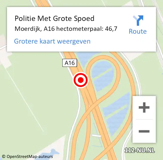 Locatie op kaart van de 112 melding: Politie Met Grote Spoed Naar Moerdijk, A16 hectometerpaal: 46,7 op 3 januari 2023 02:13