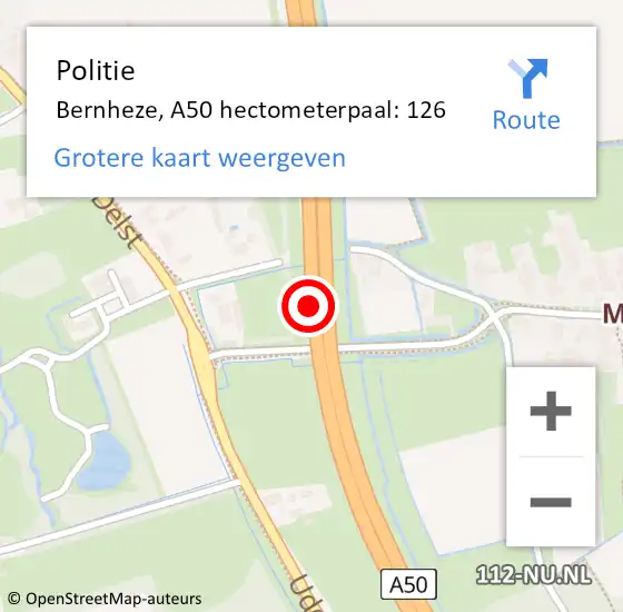 Locatie op kaart van de 112 melding: Politie Bernheze, A50 hectometerpaal: 126 op 3 januari 2023 04:48