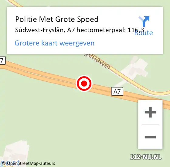 Locatie op kaart van de 112 melding: Politie Met Grote Spoed Naar Súdwest-Fryslân, A7 hectometerpaal: 116,3 op 3 januari 2023 12:58