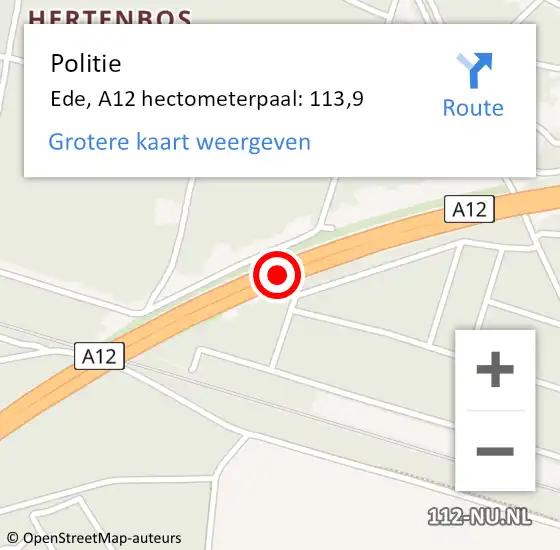 Locatie op kaart van de 112 melding: Politie Ede, A12 hectometerpaal: 113,9 op 3 januari 2023 13:07