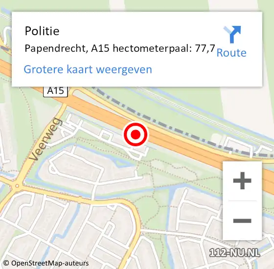 Locatie op kaart van de 112 melding: Politie Papendrecht, A15 hectometerpaal: 77,7 op 3 januari 2023 13:39