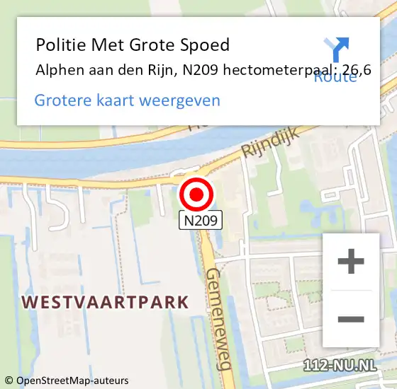 Locatie op kaart van de 112 melding: Politie Met Grote Spoed Naar Alphen aan den Rijn, N209 hectometerpaal: 26,6 op 3 januari 2023 14:58