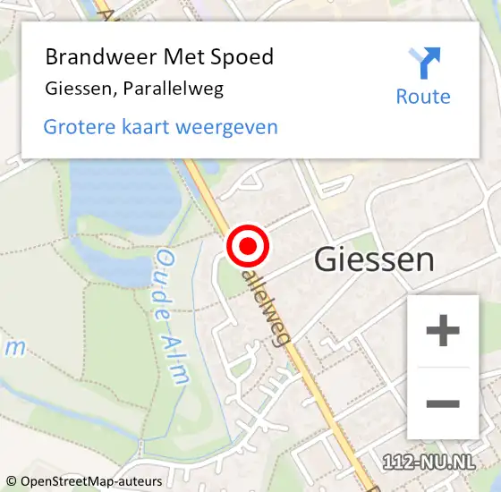 Locatie op kaart van de 112 melding: Brandweer Met Spoed Naar Giessen, Parallelweg op 3 januari 2023 15:51