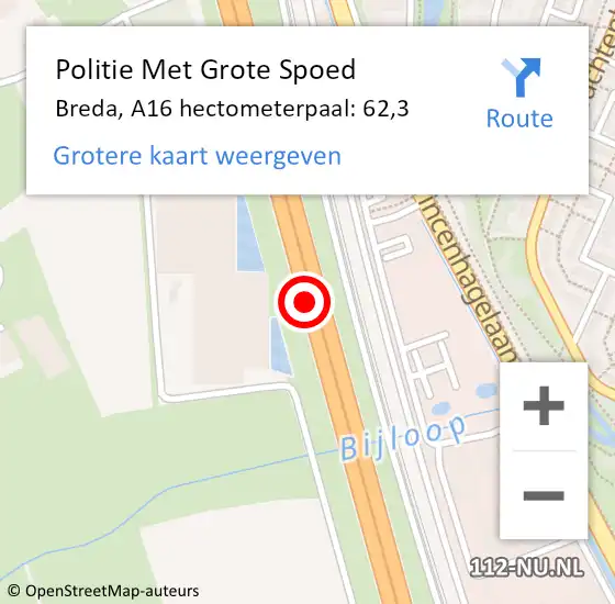 Locatie op kaart van de 112 melding: Politie Met Grote Spoed Naar Breda, A16 hectometerpaal: 62,3 op 3 januari 2023 17:33
