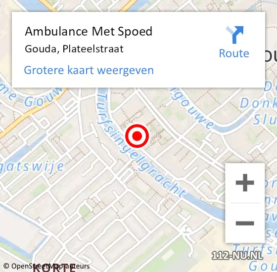 Locatie op kaart van de 112 melding: Ambulance Met Spoed Naar Gouda, Plateelstraat op 3 januari 2023 21:24