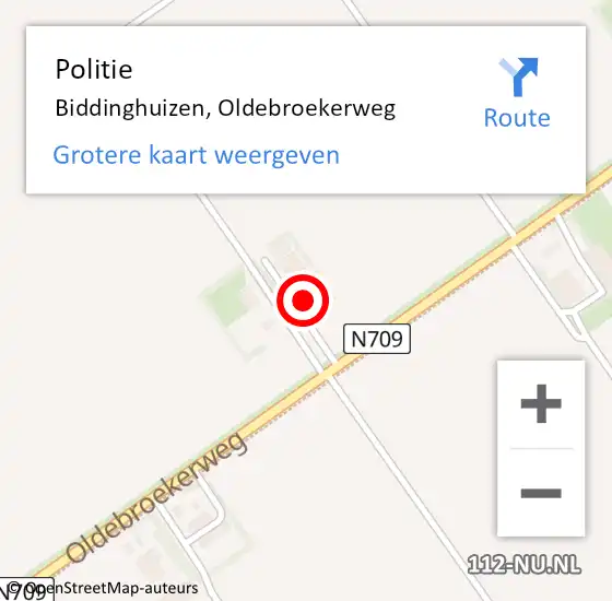 Locatie op kaart van de 112 melding: Politie Biddinghuizen, Oldebroekerweg op 3 januari 2023 22:49