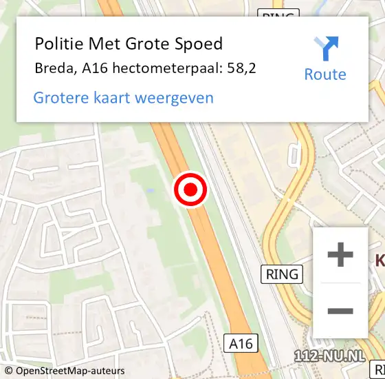 Locatie op kaart van de 112 melding: Politie Met Grote Spoed Naar Breda, A16 hectometerpaal: 58,2 op 4 januari 2023 08:01