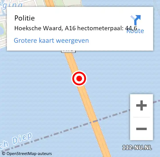 Locatie op kaart van de 112 melding: Politie Hoeksche Waard, A16 hectometerpaal: 44,6 op 4 januari 2023 08:30