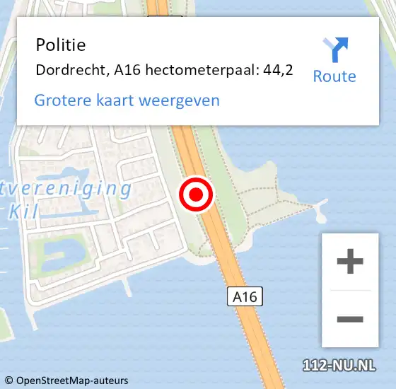 Locatie op kaart van de 112 melding: Politie Hoeksche Waard, A16 hectometerpaal: 44,2 op 4 januari 2023 08:36