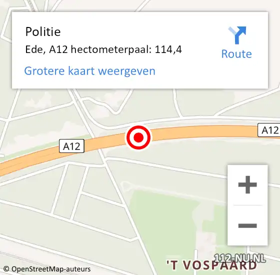 Locatie op kaart van de 112 melding: Politie Ede, A12 hectometerpaal: 114,4 op 4 januari 2023 10:20