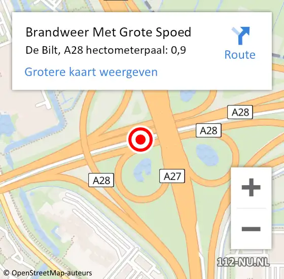 Locatie op kaart van de 112 melding: Brandweer Met Grote Spoed Naar De Bilt, A28 hectometerpaal: 0,9 op 4 januari 2023 12:55