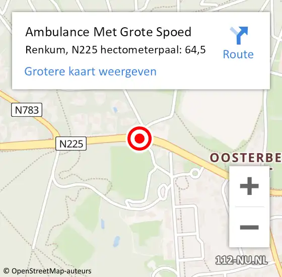 Locatie op kaart van de 112 melding: Ambulance Met Grote Spoed Naar Renkum, N225 hectometerpaal: 64,5 op 4 januari 2023 14:19