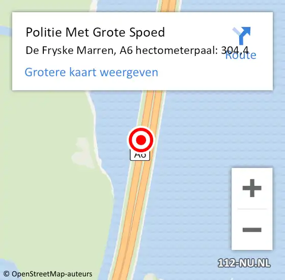 Locatie op kaart van de 112 melding: Politie Met Grote Spoed Naar De Fryske Marren, A6 hectometerpaal: 304,4 op 4 januari 2023 14:48