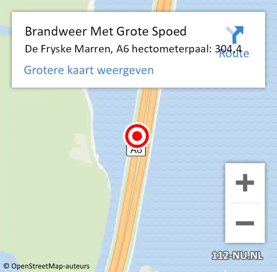 Locatie op kaart van de 112 melding: Brandweer Met Grote Spoed Naar De Fryske Marren, A6 hectometerpaal: 304,4 op 4 januari 2023 14:49