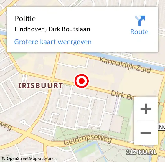 Locatie op kaart van de 112 melding: Politie Eindhoven, Dirk Boutslaan op 4 januari 2023 14:58