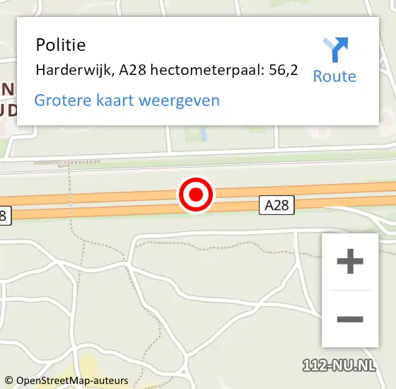 Locatie op kaart van de 112 melding: Politie Harderwijk, A28 hectometerpaal: 56,2 op 4 januari 2023 15:19