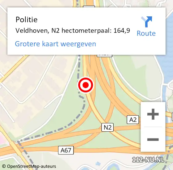 Locatie op kaart van de 112 melding: Politie Veldhoven, N2 hectometerpaal: 164,9 op 4 januari 2023 15:25