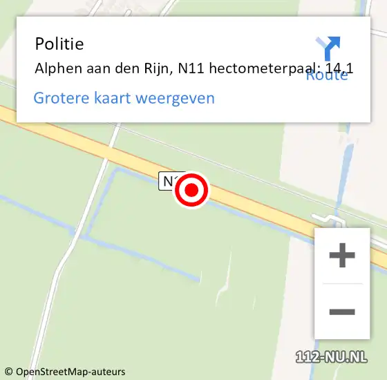 Locatie op kaart van de 112 melding: Politie Alphen aan den Rijn, N11 hectometerpaal: 14,1 op 4 januari 2023 15:39