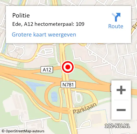 Locatie op kaart van de 112 melding: Politie Ede, A12 hectometerpaal: 109 op 4 januari 2023 16:52