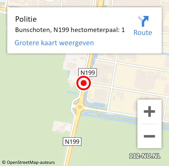 Locatie op kaart van de 112 melding: Politie Bunschoten, N199 hectometerpaal: 1 op 4 januari 2023 17:08