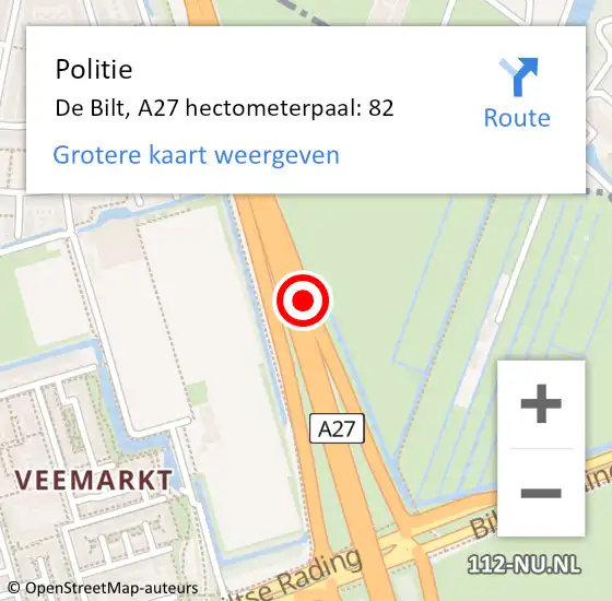 Locatie op kaart van de 112 melding: Politie De Bilt, A27 hectometerpaal: 82 op 4 januari 2023 18:37