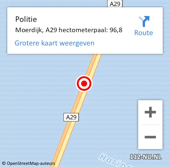 Locatie op kaart van de 112 melding: Politie Moerdijk, A29 hectometerpaal: 96,8 op 4 januari 2023 22:47