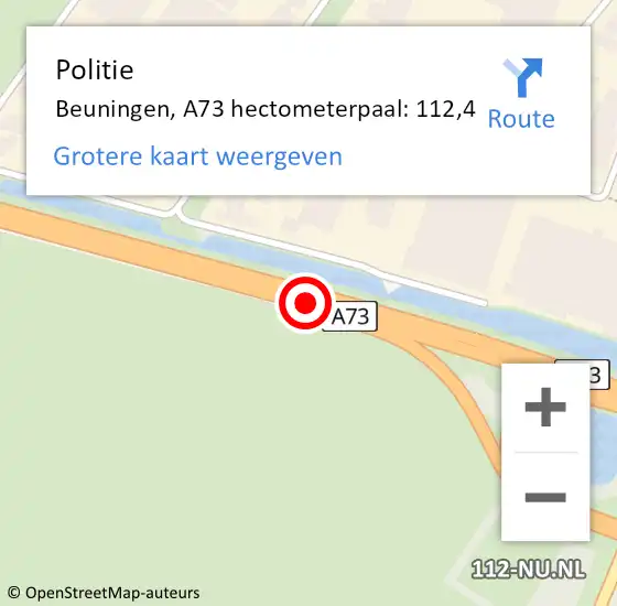 Locatie op kaart van de 112 melding: Politie Beuningen, A73 hectometerpaal: 112,4 op 5 januari 2023 03:16