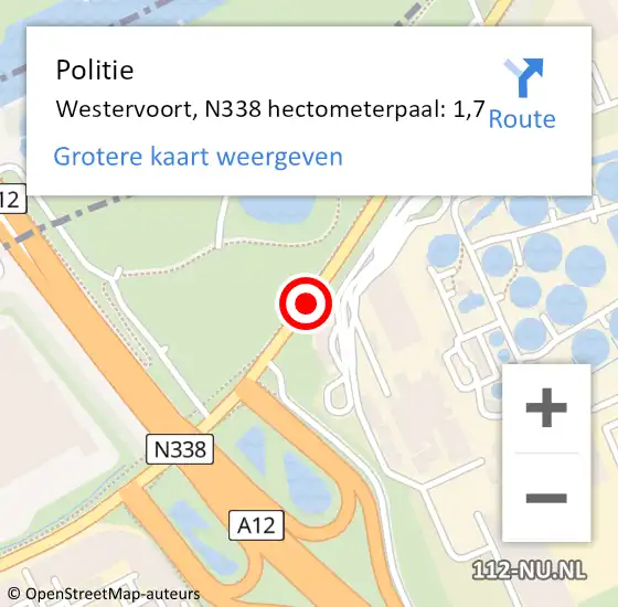 Locatie op kaart van de 112 melding: Politie Westervoort, N338 hectometerpaal: 1,7 op 5 januari 2023 07:09