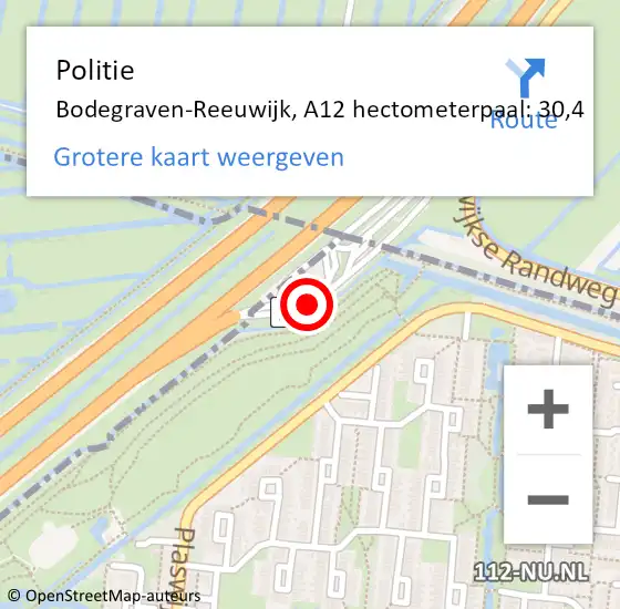 Locatie op kaart van de 112 melding: Politie Bodegraven-Reeuwijk, A12 hectometerpaal: 30,4 op 5 januari 2023 13:00