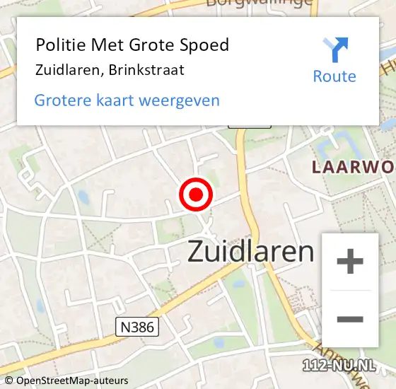 Locatie op kaart van de 112 melding: Politie Met Grote Spoed Naar Zuidlaren, Brinkstraat op 5 januari 2023 15:33