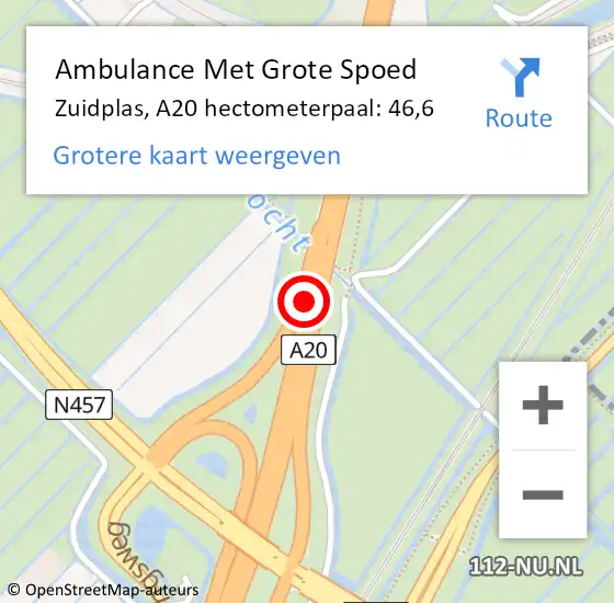 Locatie op kaart van de 112 melding: Ambulance Met Grote Spoed Naar Zuidplas, A20 hectometerpaal: 46,6 op 5 januari 2023 16:46