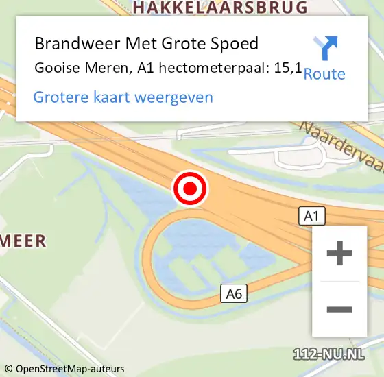 Locatie op kaart van de 112 melding: Brandweer Met Grote Spoed Naar Gooise Meren, A1 hectometerpaal: 15,1 op 5 januari 2023 17:33