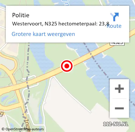 Locatie op kaart van de 112 melding: Politie Westervoort, N325 hectometerpaal: 23,8 op 5 januari 2023 17:40