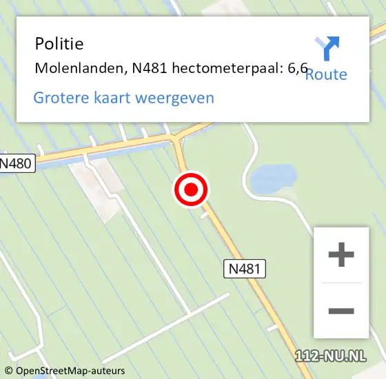 Locatie op kaart van de 112 melding: Politie Molenlanden, N481 hectometerpaal: 6,6 op 5 januari 2023 17:45