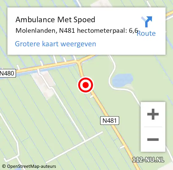 Locatie op kaart van de 112 melding: Ambulance Met Spoed Naar Molenlanden, N481 hectometerpaal: 6,6 op 5 januari 2023 18:00