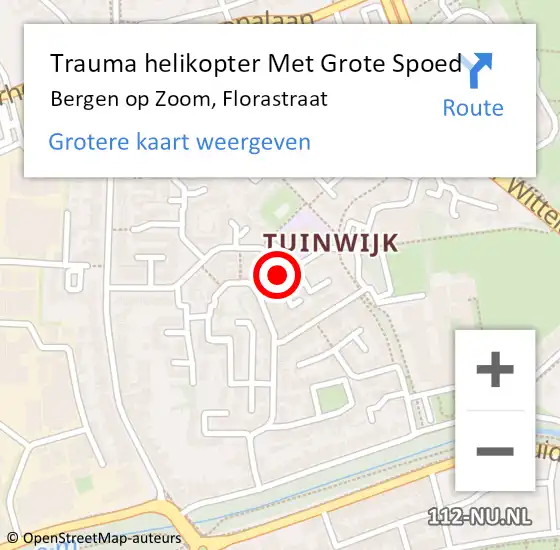 Locatie op kaart van de 112 melding: Trauma helikopter Met Grote Spoed Naar Bergen op Zoom, Florastraat op 5 januari 2023 19:52