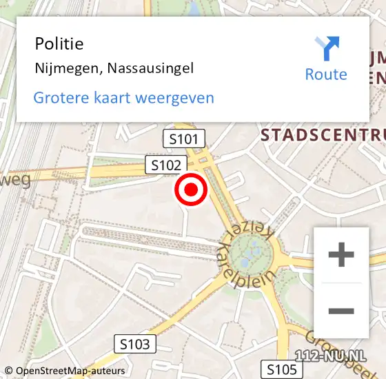 Locatie op kaart van de 112 melding: Politie Nijmegen, Nassausingel op 5 januari 2023 20:29