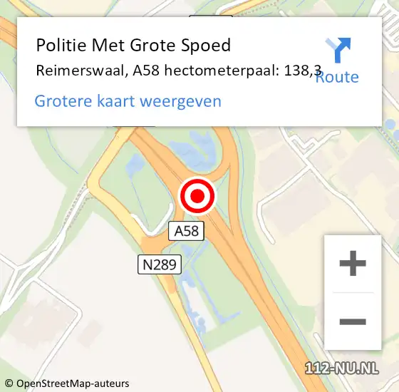 Locatie op kaart van de 112 melding: Politie Met Grote Spoed Naar Reimerswaal, A58 hectometerpaal: 138,3 op 5 januari 2023 21:37