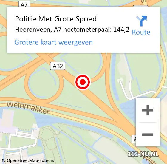 Locatie op kaart van de 112 melding: Politie Met Grote Spoed Naar Heerenveen, A7 hectometerpaal: 144,2 op 5 januari 2023 21:56