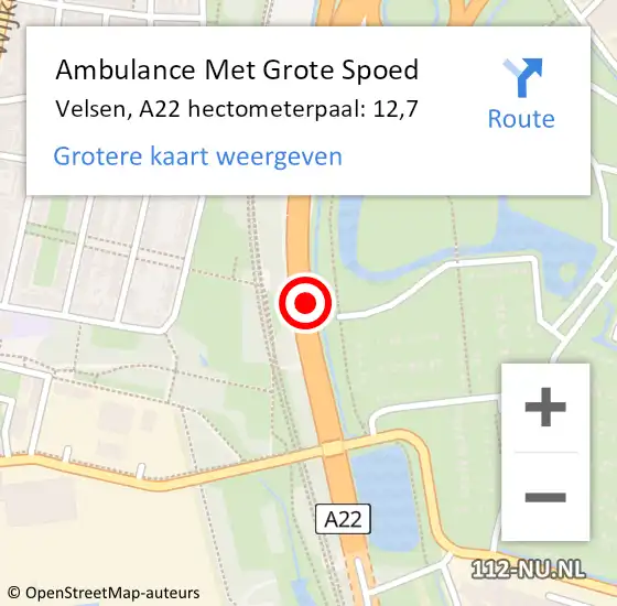 Locatie op kaart van de 112 melding: Ambulance Met Grote Spoed Naar Velsen, A22 hectometerpaal: 12,7 op 5 januari 2023 23:50