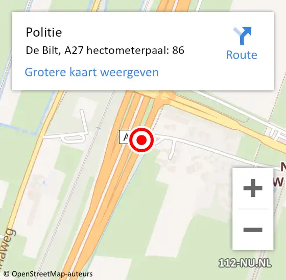 Locatie op kaart van de 112 melding: Politie De Bilt, A27 hectometerpaal: 86 op 6 januari 2023 01:05