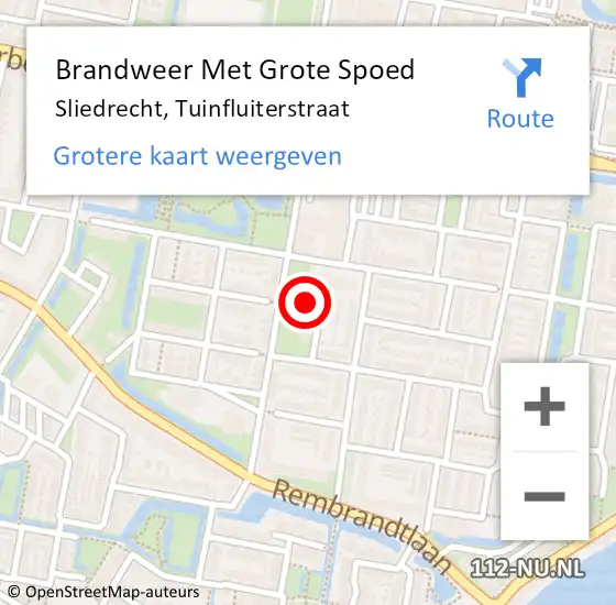 Locatie op kaart van de 112 melding: Brandweer Met Grote Spoed Naar Sliedrecht, Tuinfluiterstraat op 6 januari 2023 01:24