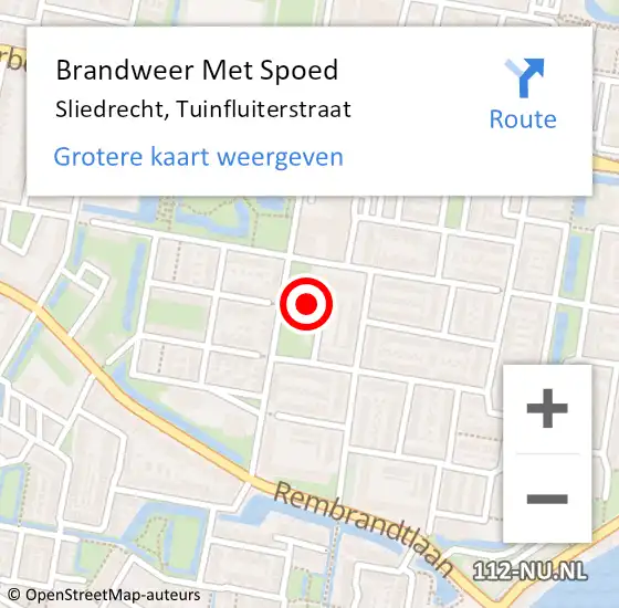 Locatie op kaart van de 112 melding: Brandweer Met Spoed Naar Sliedrecht, Tuinfluiterstraat op 6 januari 2023 01:44