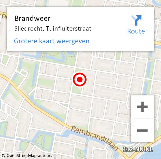 Locatie op kaart van de 112 melding: Brandweer Sliedrecht, Tuinfluiterstraat op 6 januari 2023 02:00