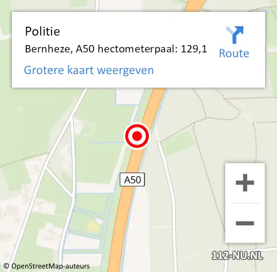 Locatie op kaart van de 112 melding: Politie Bernheze, A50 hectometerpaal: 129,1 op 6 januari 2023 07:46