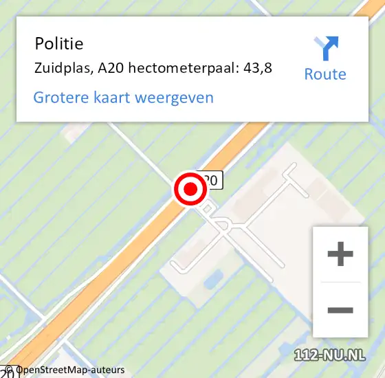 Locatie op kaart van de 112 melding: Politie Zuidplas, A20 hectometerpaal: 43,8 op 6 januari 2023 10:39