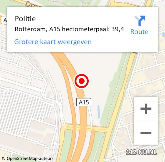 Locatie op kaart van de 112 melding: Politie Rotterdam, A15 hectometerpaal: 39,4 op 6 januari 2023 12:36